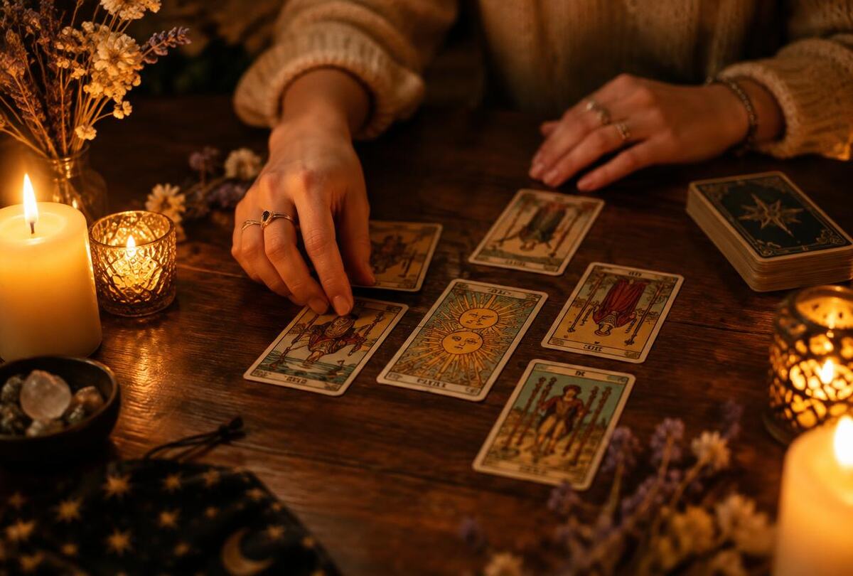 Tarotkort utlagda på ett bord med levande ljus